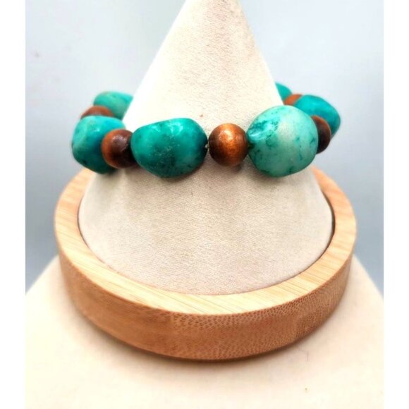 Tumbled Turquoise & Tiger Eye Beaded Stretch Chunky Bracelet - Picture 1 of 2
